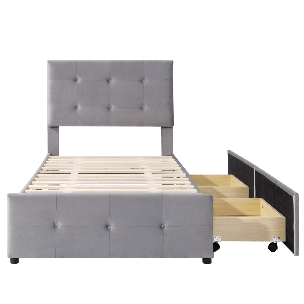 Letto imbottito 90x200 cm con cassetto; rete a doghe; velluto grigio (Senza materasso)