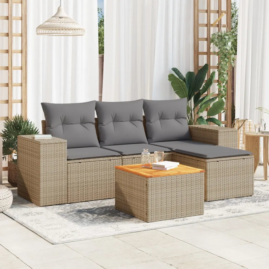 Set Divano da Giardino 5 pz | Set Salotto da Giardino con Cuscini Beige in Polyrattan