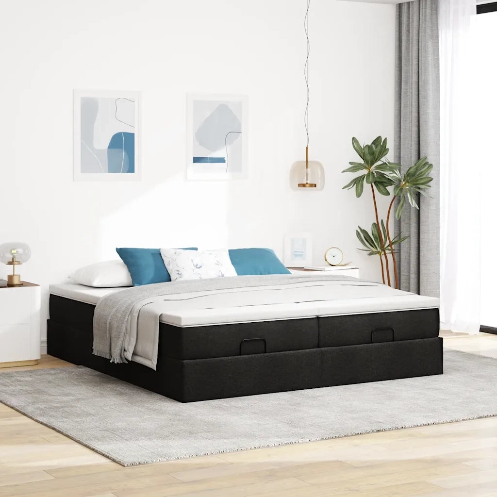 Struttura Letto Pouf con Materassi Nero 200x200 cm in Tessuto