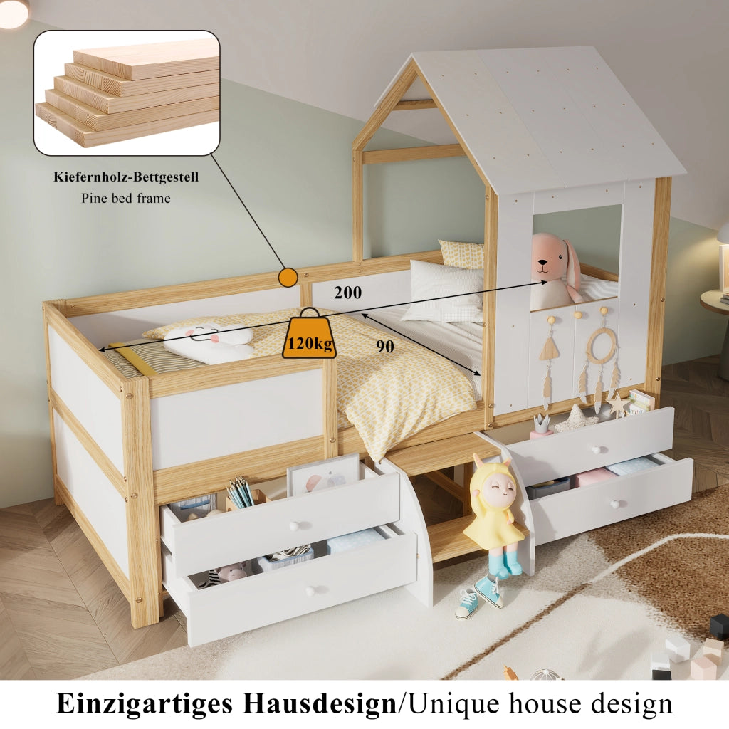 DESMIU Letto per Bambini Semialto 1 Posto con 4 Cassetti, Tetto e Finestra, 90 × 200 cm, Senza Materasso
