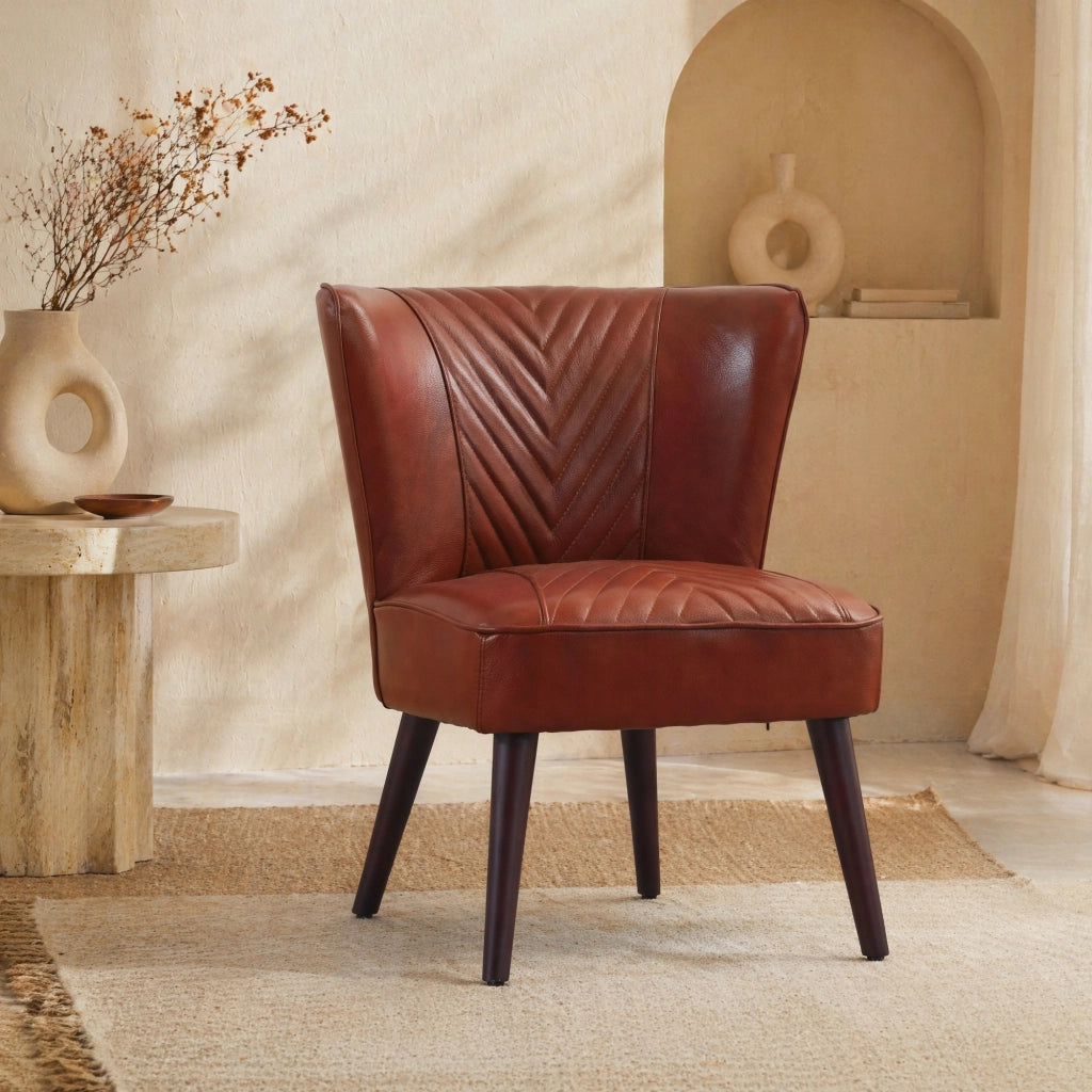 Poltrona Lounge senza Braccioli con Cuciture Diagonali a 45° e Struttura Stabile, in Pelle e Legno, Marrone