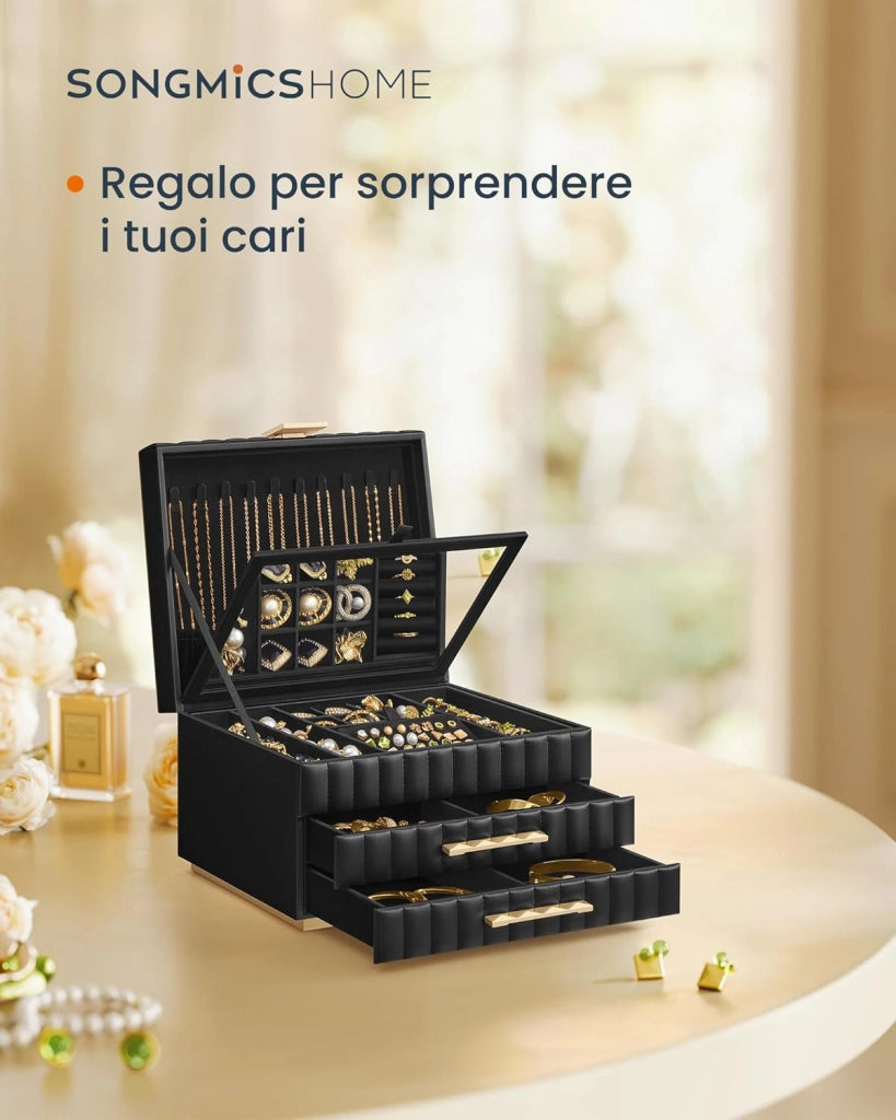 ANAH Collezione - Scatola Portagioie 3 Ripiani con Specchio, Porta Gioielli, 2 Cassetti, PU con Cucitura, Effetto Fluttuante, 21,5 x 24 x 15,8 cm, Idea Regalo, Bianco Nuvola JBC183W01