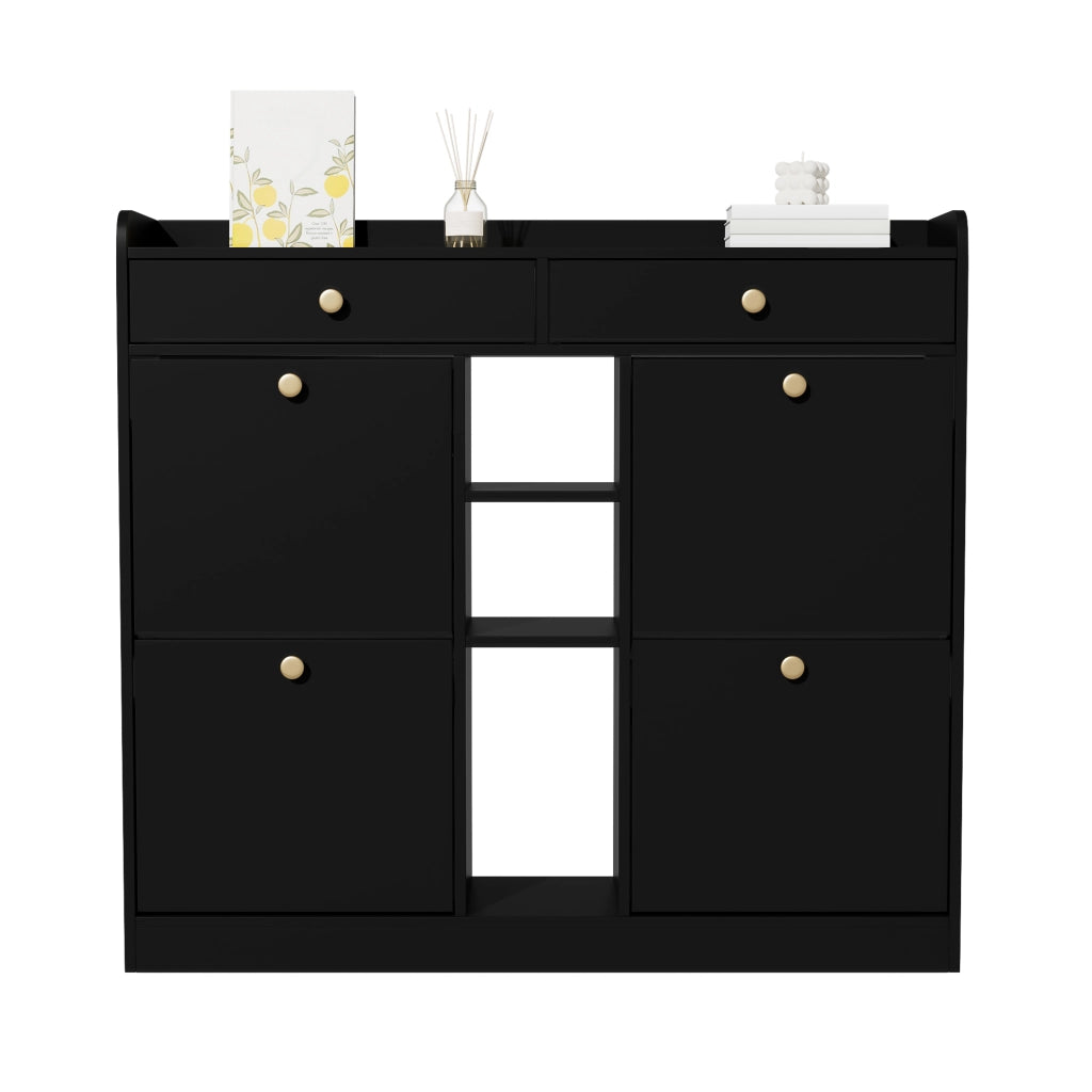 Mobile Scarpiera con 4 Ante a Ribalta; 2 Cassetti e 3 Vani a Giorno; Stile Minimalista; in Pannello truciolare; Nero; 110×26×100 cm