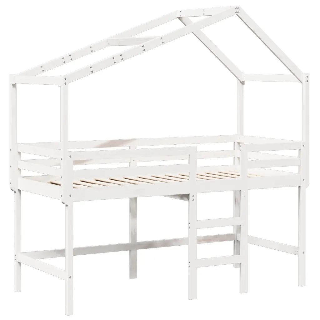 Letto Soppalco con Scala e Tetto Bianco 90x190 cm Massello Pino