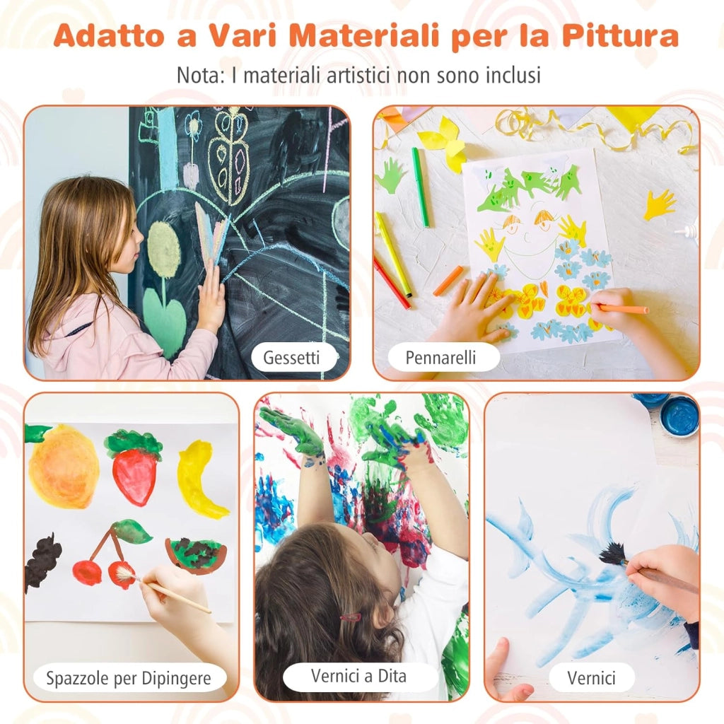 3 in 1 Cavalletto per Bambini, Cavalletto con Doppia Faccia Magnetica e Lavagna Bianca, Rotolo di Carta, 3 Bicchieri per Vernice e 2 Cestini in Tessuto, per Bambini 3-6 Anni (Grigio)