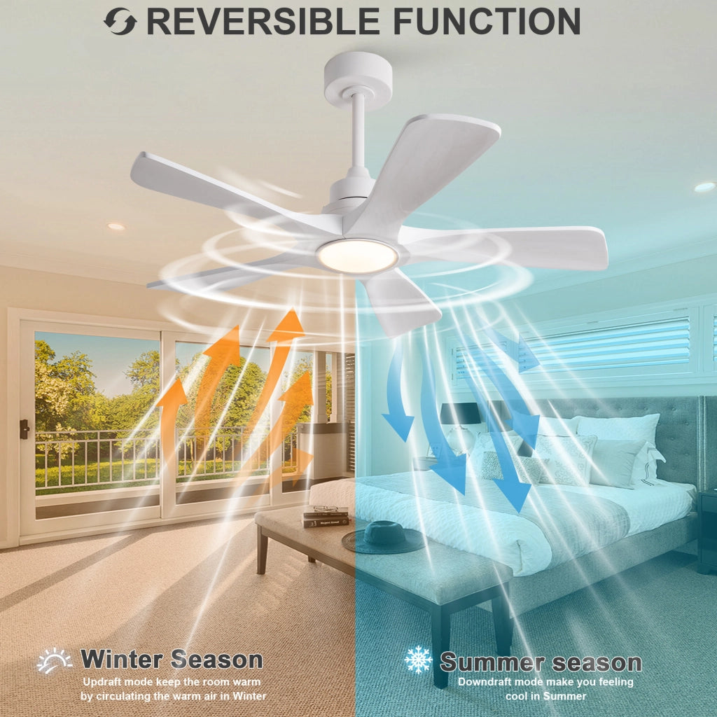 Ventilatore da soffitto bianco puro 42 pollici, 5 pale legno massello rinforzate, motore DC reversibile silenzioso, design moderno classico
