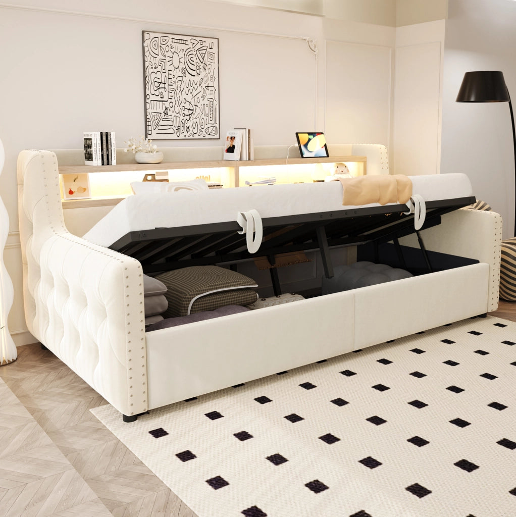 Divano letto imbottito 90x200 cm in velluto beige; LED; contenitore; USB e Type-C