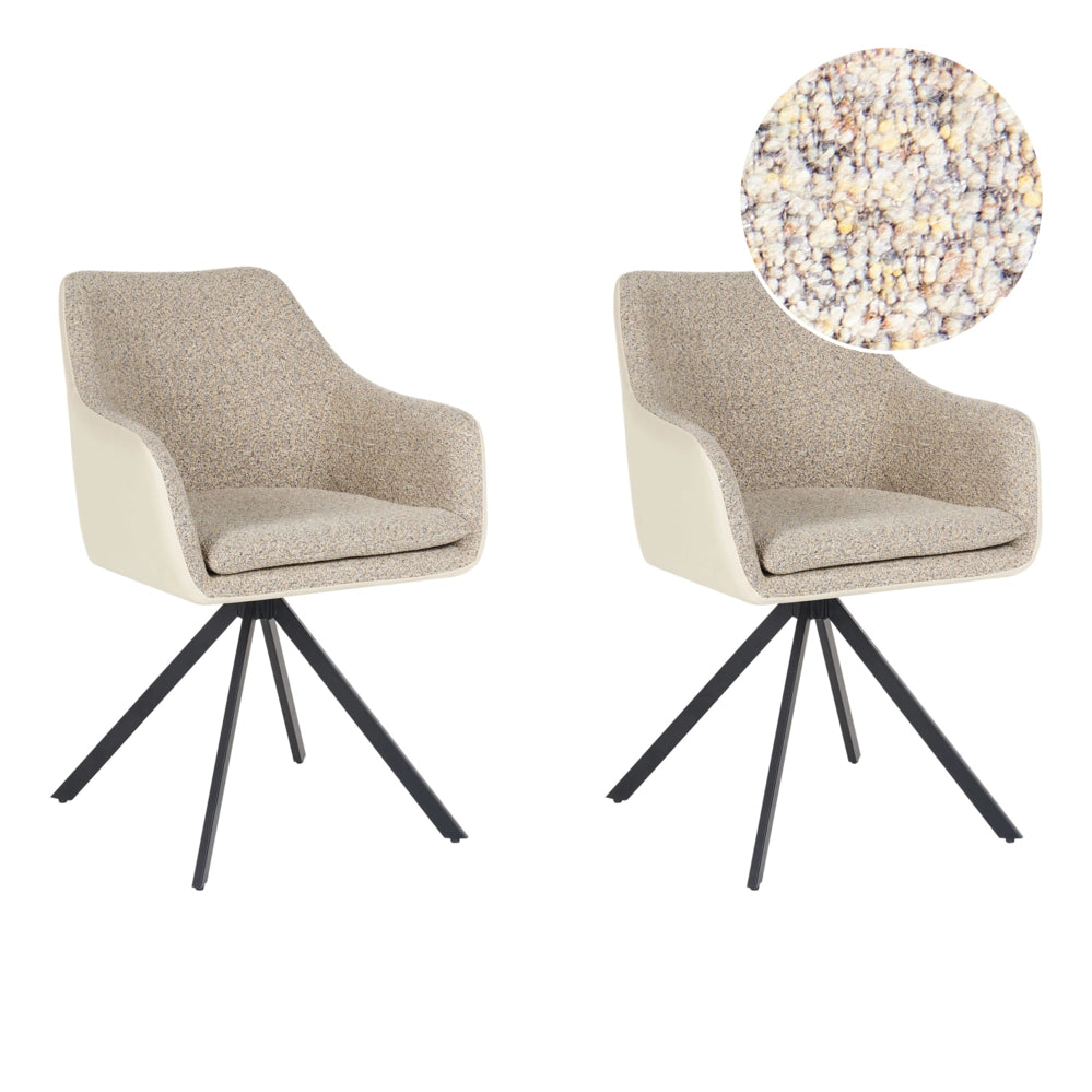 Set di 2 sedie in poliestere beige e finta pelle con gambe in metallo per la sala da pranzo