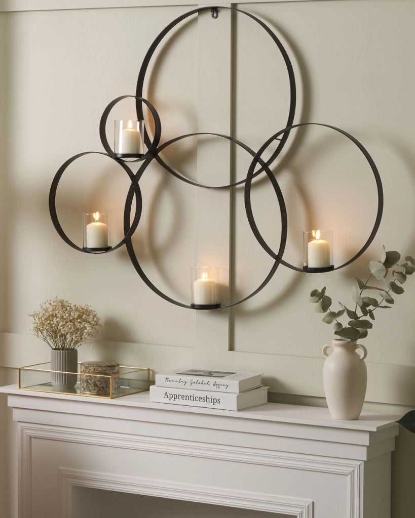 Portacandele da parete con struttura rotonda nera 80 cm ideale per interni ed esterni