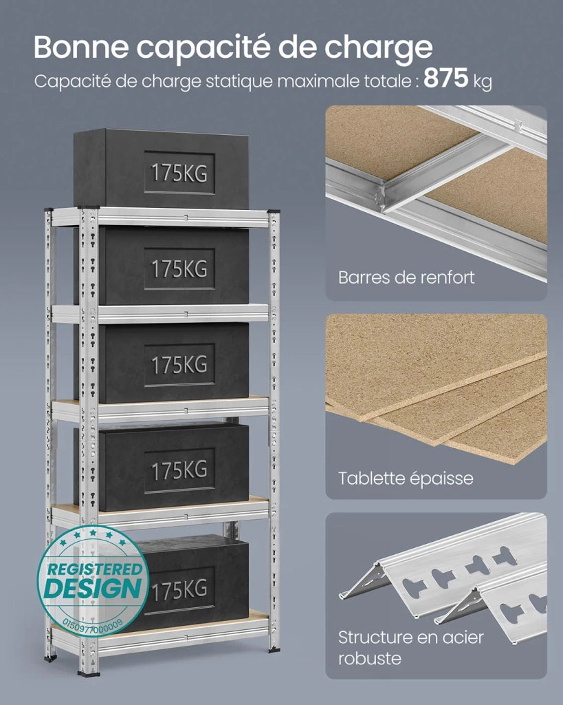 Scaffale portaoggetti per carichi pesanti scaffale da garage 50 x 100 x 200 cm capacità di carico fino a 875 kg montaggio facile ripiani regolabili argento 12_0005714