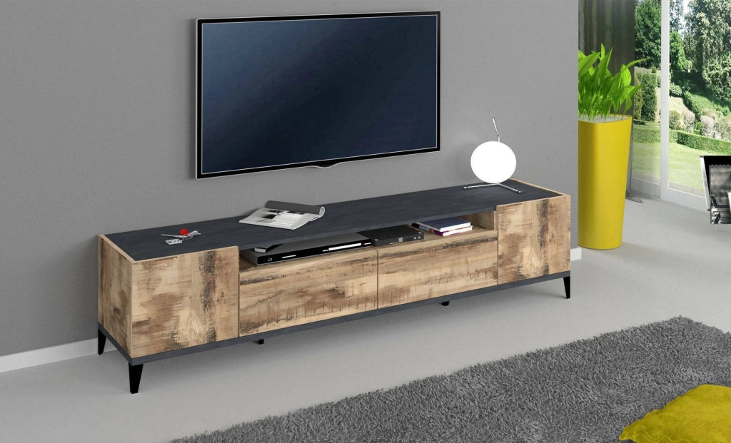 Mobile da soggiorno Porta Abina, Made in Italy, Supporto per Abina da salotto a 2 ante e 2 cassetti, Cm 200x40h47, Ardesia e Acero