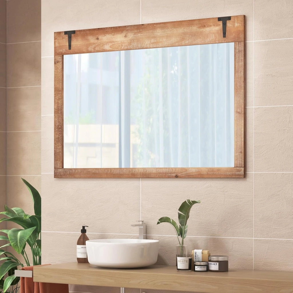 Specchio da Parete Stile Fattoria, 100 x 70 cm Specchio Decorativo Rettangolare da Parete con Cornice in Legno, per Bagno Soggiorno Camera da Letto, Verticalmente o Orizzontalmente