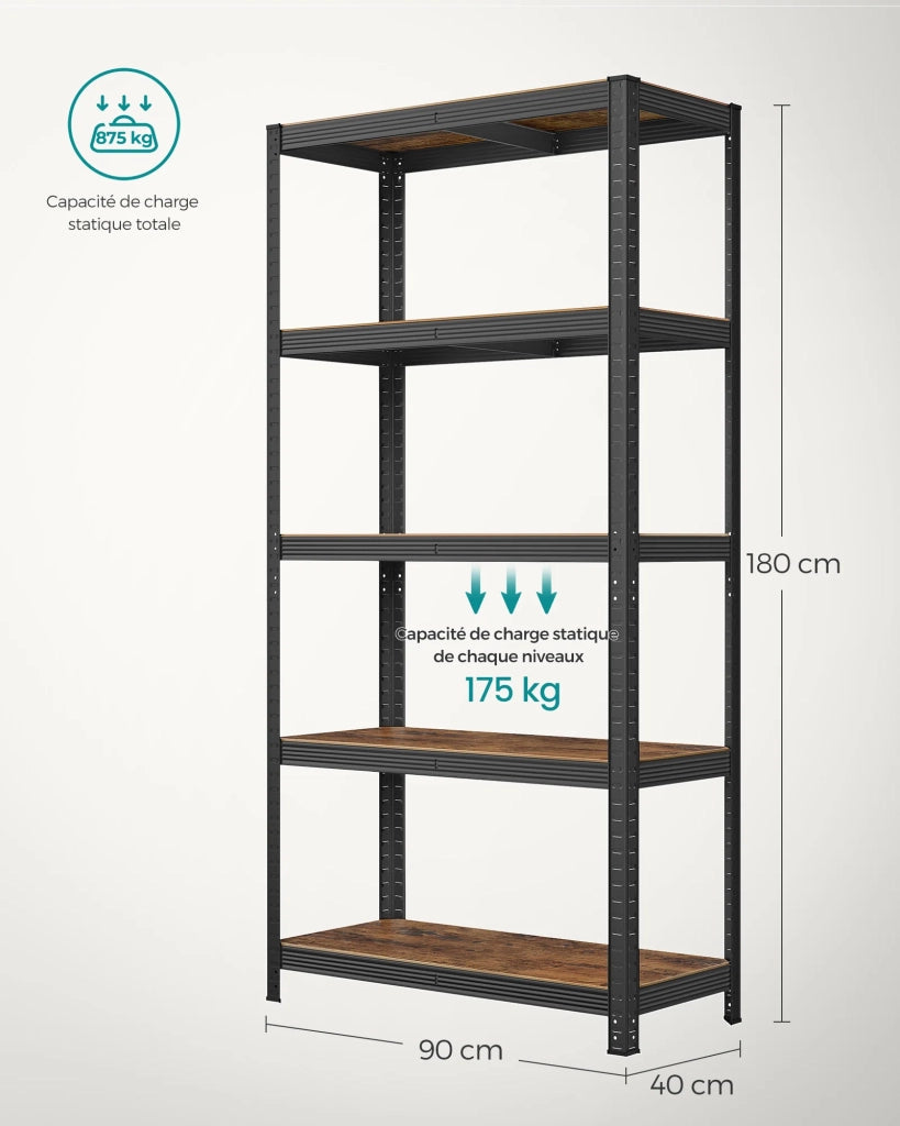 Scaffalatura metallica per carichi pesanti 180 x 90 x 40 cm 5 ripiani portata totale 875 kg (175 kg/ripiano) ripiani regolabili per garage/cantina nero 12_0...