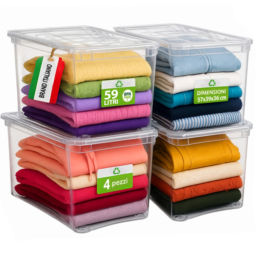 Set 4 Pezzi Contenitori con Coperchio 57x39x36 cm Storage Box Marea Capienza 59L in Plastica Trasparente