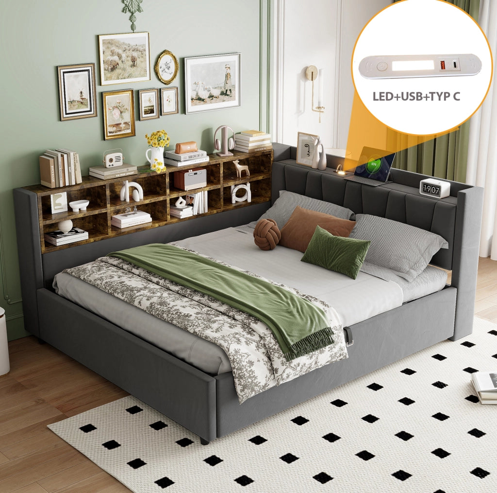 Letto imbottito multifunzionale 140x200 cm in velluto grigio con contenitore; luci e porte USB/Type-C