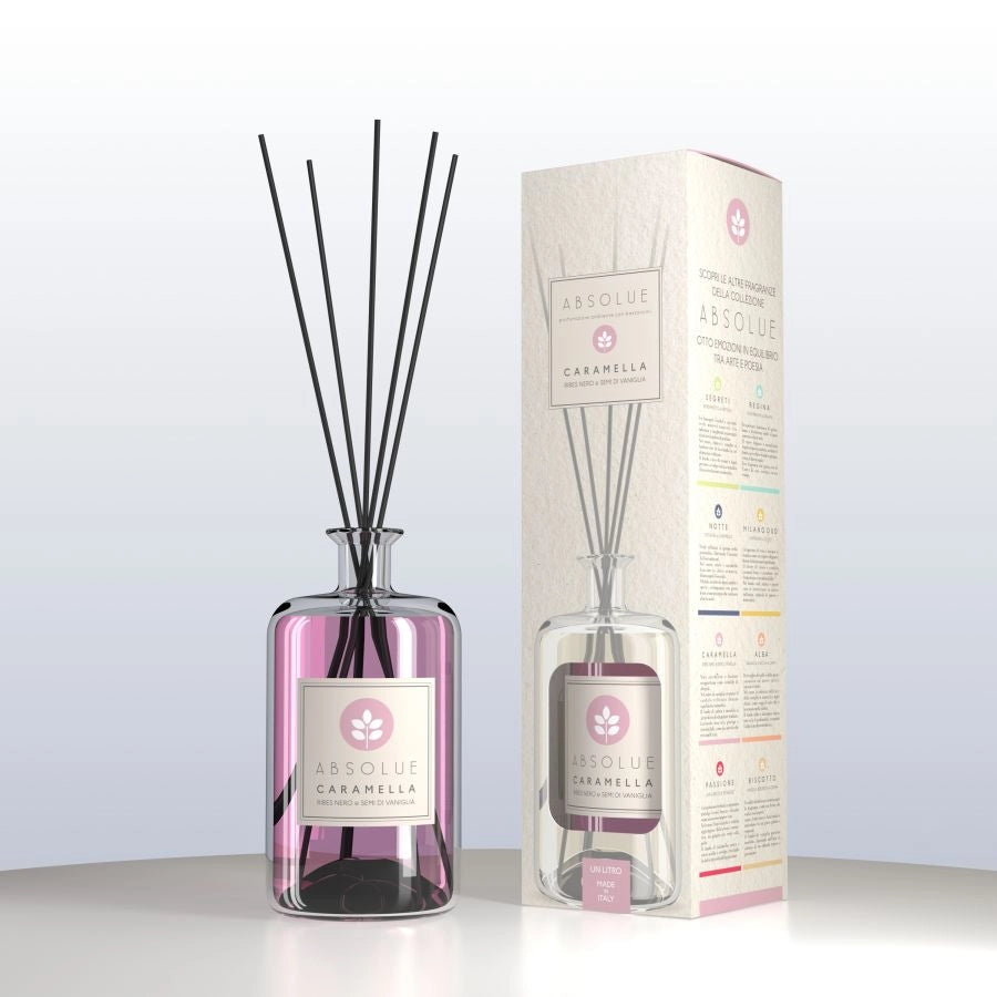 DIFFUSORE CON BASTONCINI ABSOLUTE CARAMELLA RIBES NERO E SEMI DI VANIGLIA 1 L