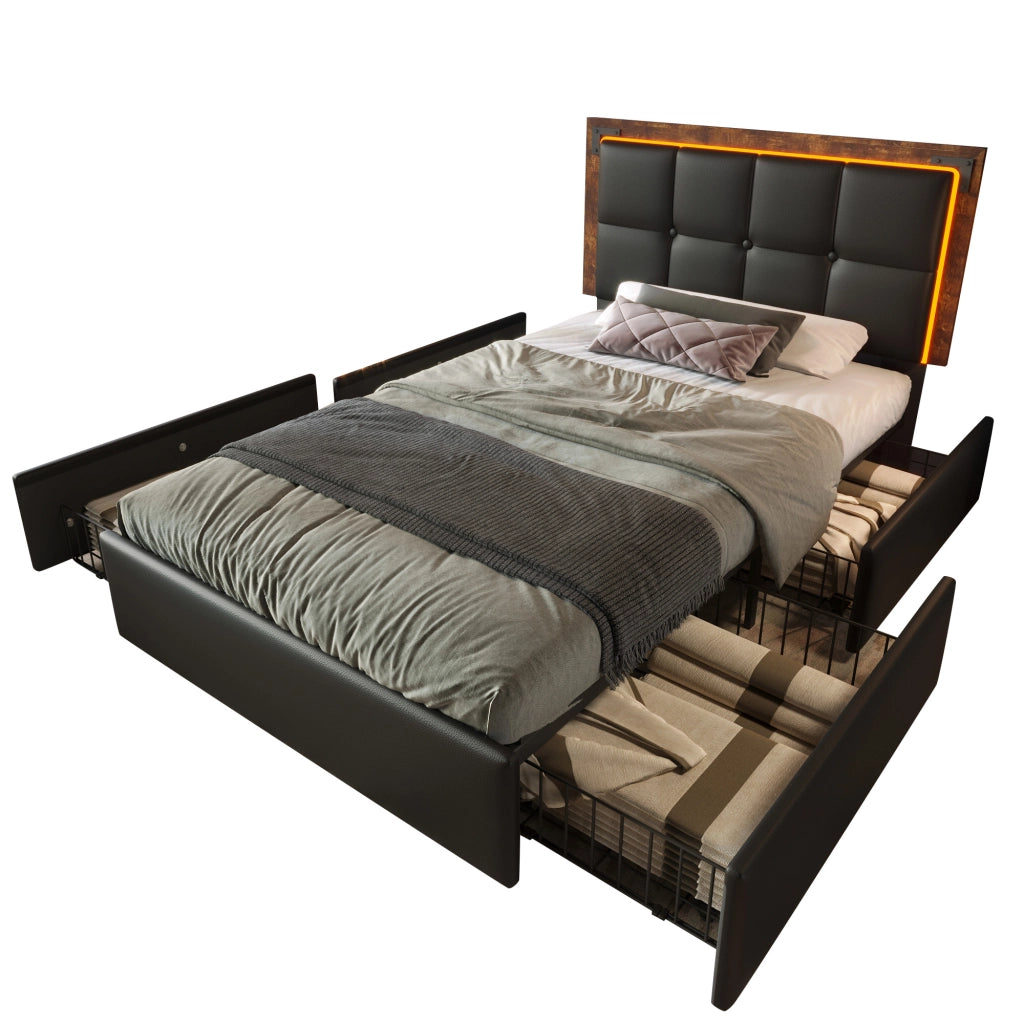 Letto Singolo Imbottito con LED e Cassetti ¨C MINIMAL ¨C PU Nero 90x200 cm