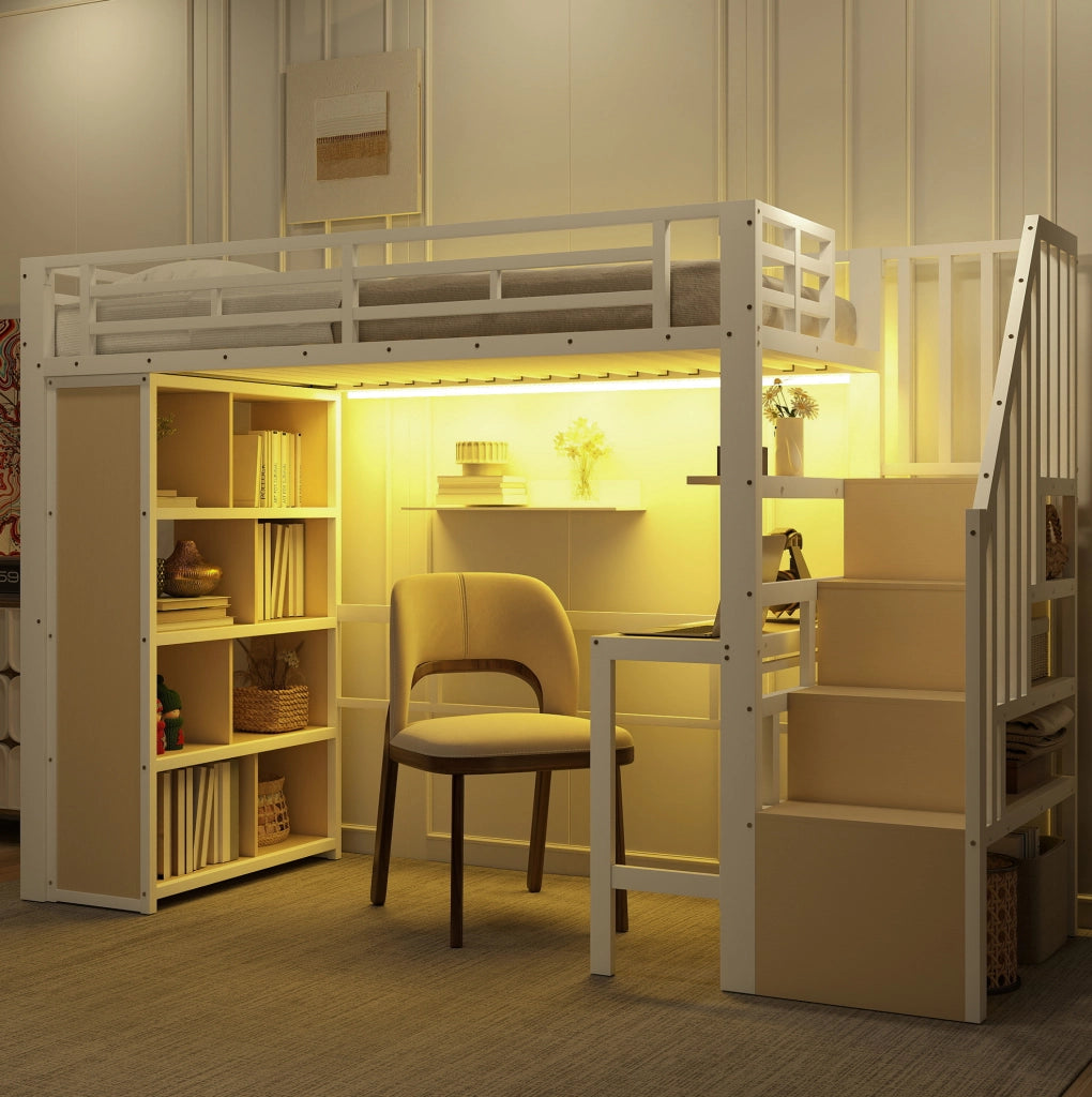 Letto a soppalco 90x200 cm con scrivania; LED e gradini contenitore in metallo e MDF; bianco