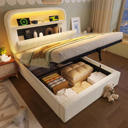 Letto singolo 90x200 cm in velluto beige con testiera regolabile; contenitore; LED e ricarica USB/Type-C