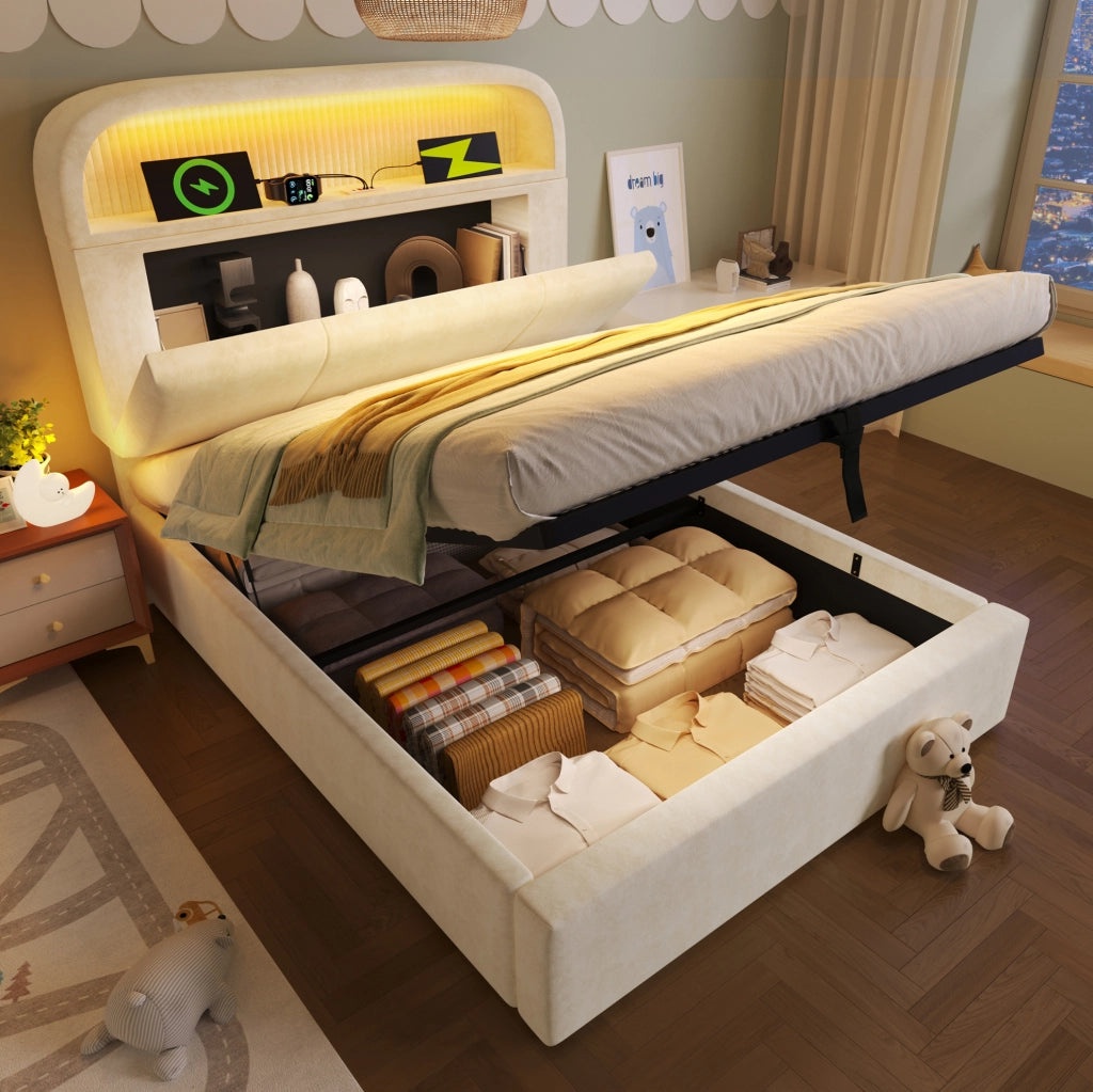 Letto singolo 90x200 cm in velluto beige con testiera regolabile; contenitore; LED e ricarica USB/Type-C