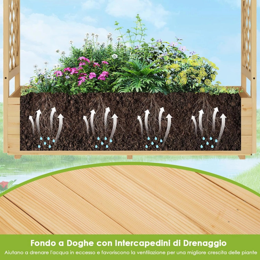 Fioriera da Esterno con Grigliato, Letto Rialzato in Legno di Pino per Piante Rampicanti con Traliccio e Fori di Drenaggio, Aiuola Elevata da Giadino e Cortile (148 x 50 x 103 cm)