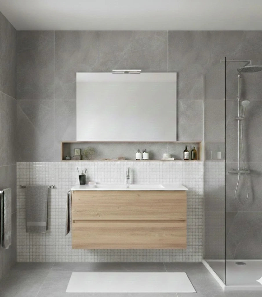 Mobile Bagno LOKI Già Montato 2 cassetti con piedini, lavabo e specchio Estepa 90x45 cm