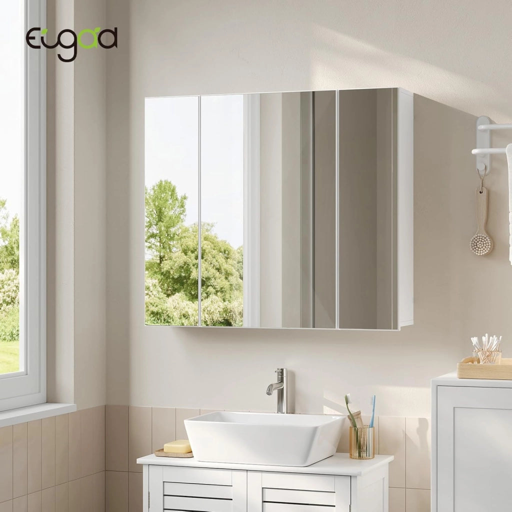 Armadietto Bagno con Specchio, Mobile Bagno Sospeso, con 3 Ante, Ganci, Ripiani Regolabili, Stile Nordico, Bianco, 70x14,5x61 cm