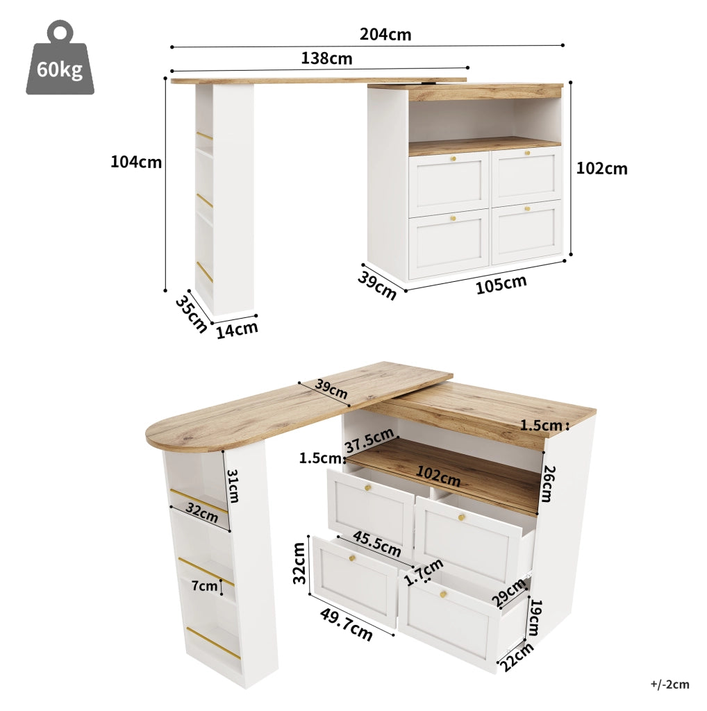 Mobile contenitore girevole 105x39x102 cm in MDF bianco， 4 cassetti