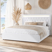 Letto imbottito 180x200 cm con sollevamento idraulico; LED APP; USB e USB-C; bianco