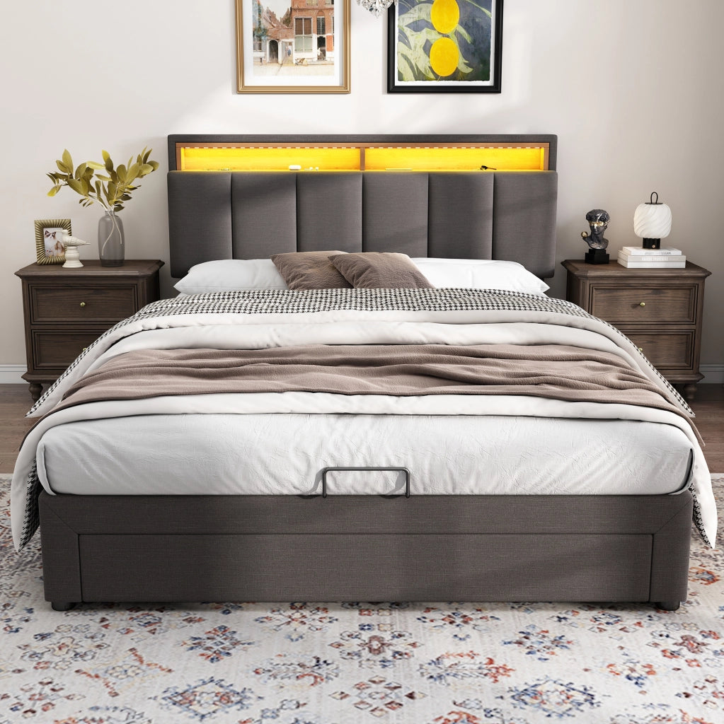 Letto imbottito matrimoniale 140x200 cm con LED; contenitore sottoletto; grigio in lino
