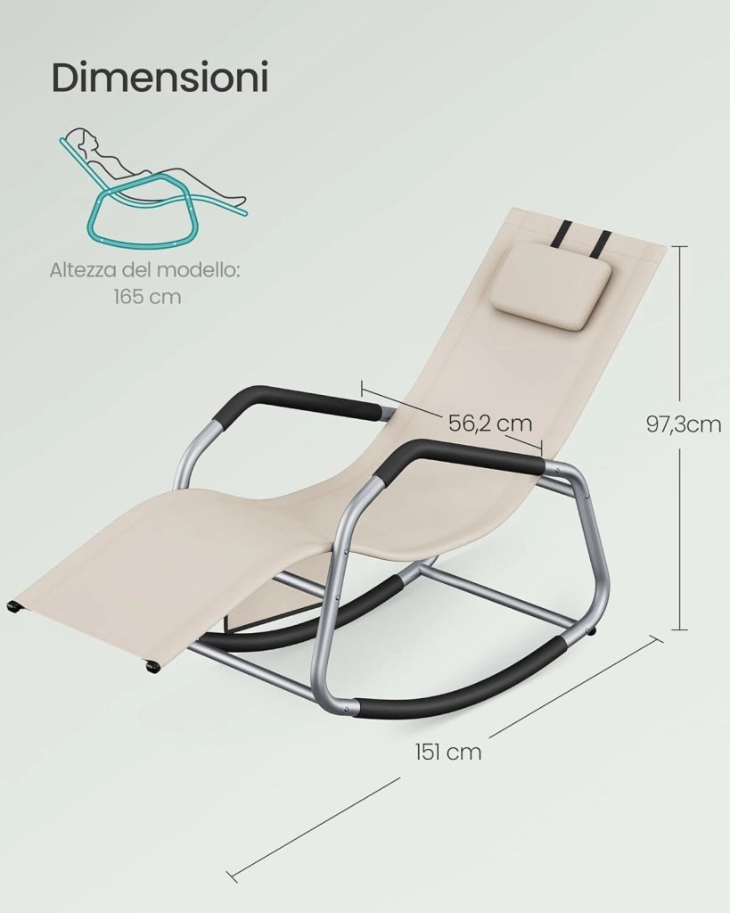 SONGMICS Sedia a Dondolo, Sedia a Sdraio Antiribaltamento, Cuscino Regolabile, Telaio in Acciaio, Tessuto Respirante, Tasca Portaoggetti, 151 x 56,2 x 97,3 cm, Beige GCB230WZ01