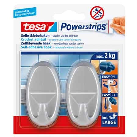 GANCIO OVALE 'POWERSTRIPS' ARGENTO Mod. L, 2 ganci + 4 strisce - Portata 2 Kg - TESA