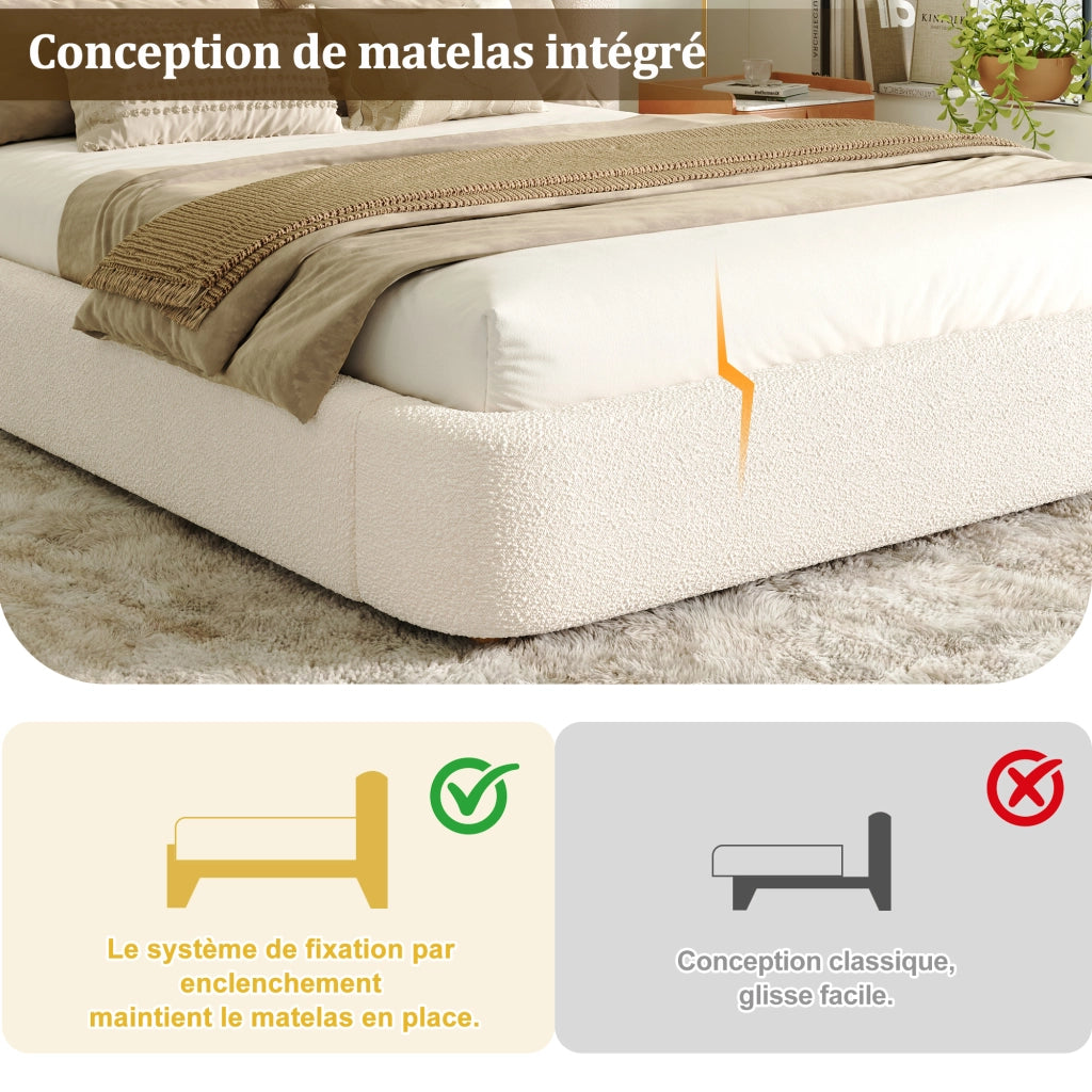 Letto Contenitore 160x200 cm; Letto Matrimoniale con Contenitore in Bouclé Beige