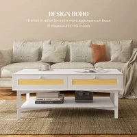 Tavolino da Caffè Boho con 2 Cassetti e Ripiano, in Rattan e Truciolato, 120x50x50 cm, Bianco e color Legno