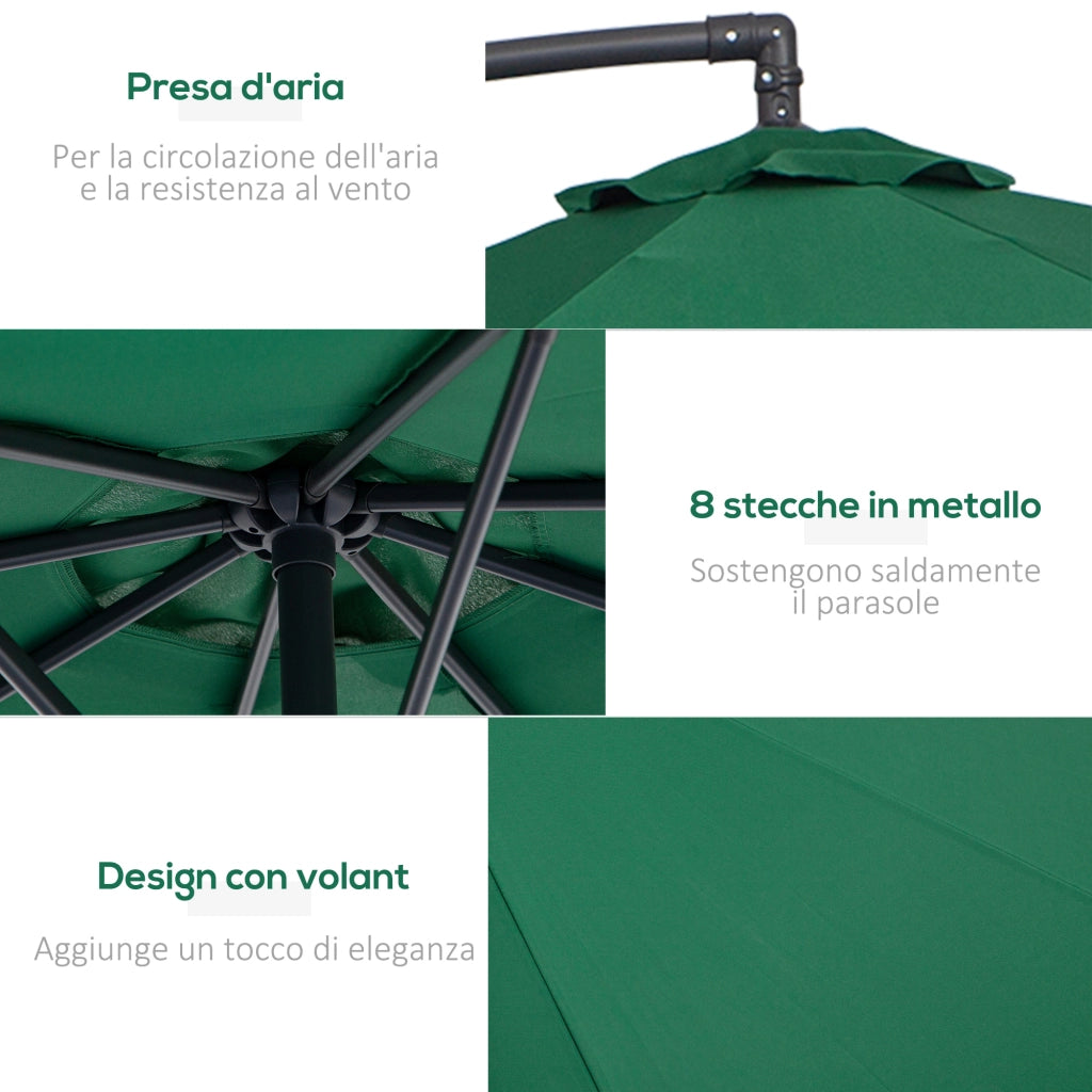 Ombrellone da Giardino 3x2.5 m, Inclinabile con Base a Croce e Manovella, in Acciaio e Poliestere