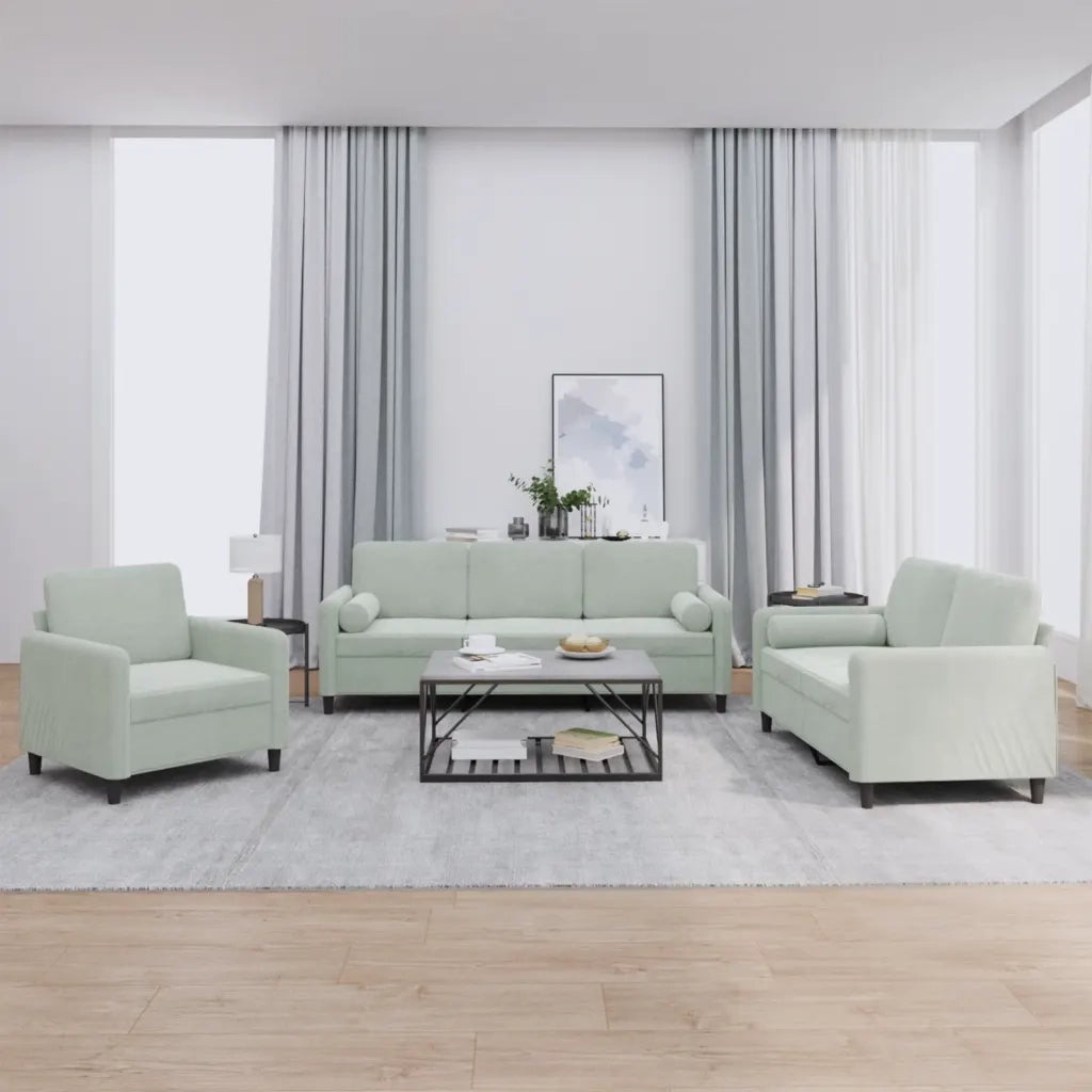Set di Divani 3 pz con Cuscini Grigio Chiaro in Velluto