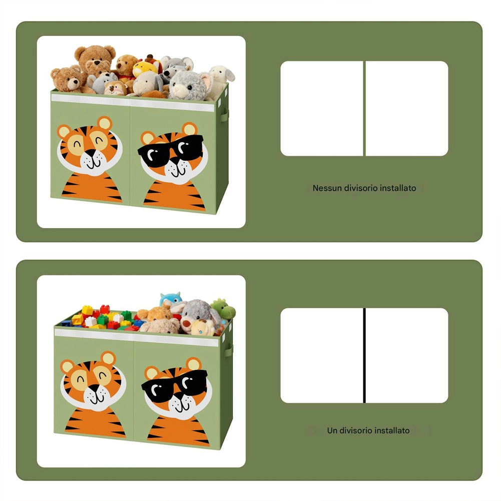 Box Contenitore Giocattoli con Animali Doppio Pieghevole 80L Verde Salvaspazio
