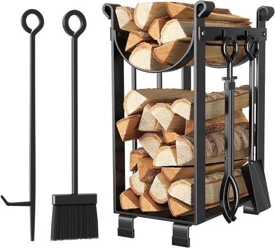Kit di Pulizia Forno con 4 Strumenti 78x29x36cm - Interno e Esterno - Set di Pulizia Camino con Spada, Scopa, Lancia, Forchetta - Maniglione in Acciaio di Siderurgica - Pulitore Forno Nero