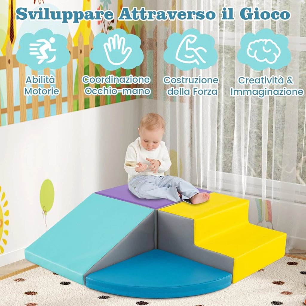 Set di Blocchi in Schiuma per Bambini 4 Pezzi, Set di Costruzioni Morbide in PU + EPE per Sviluppo dei Bambini, Gioco Attivo Interno per Arrampicarsi e Gattonare (Blu)