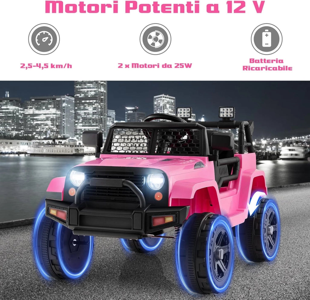 12V Auto per Bambini con Telecomando, Macchina Elettrica con Fari Luminosi, Musica, Porta USB e Aux, Velocità 2,5-4,5 km/h, Regalo per Bambini 3-7 Anni (Rosa)