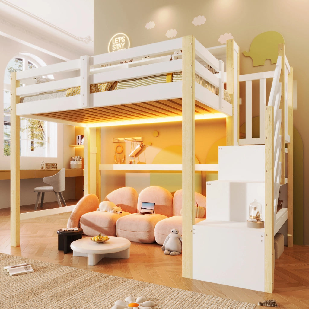 LETTO a soppalco 90x200 cm Bianco/Naturale con scala contenitore e LED