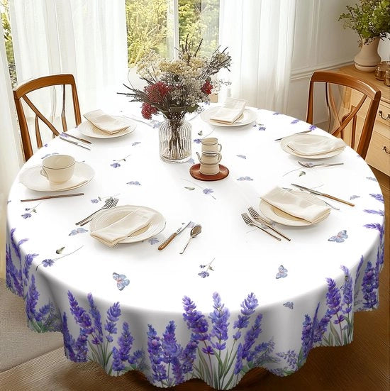 Tavolo Rond 150 cm, Tavolo Coperto Resistente, Blu Lavanda, Tavolo Coperto con Fiori, Copertura per Tavolo in Poliestere, Esterno, Impermeabile, per Cucina, Giardino, Tavolo da Pranzo, Tavolo da Festa