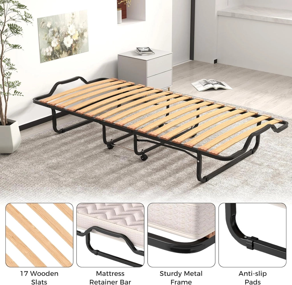 Letto Pieghevole 90x200 cm con Memory Foam, Lettino Pieghevole per Gli Ospiti con 4 Ruote, Sgabello e Bracci, Letto da Viaggio per Adulti, Doppia Sedia a Doghe, Nero e Beige, Made in Italy