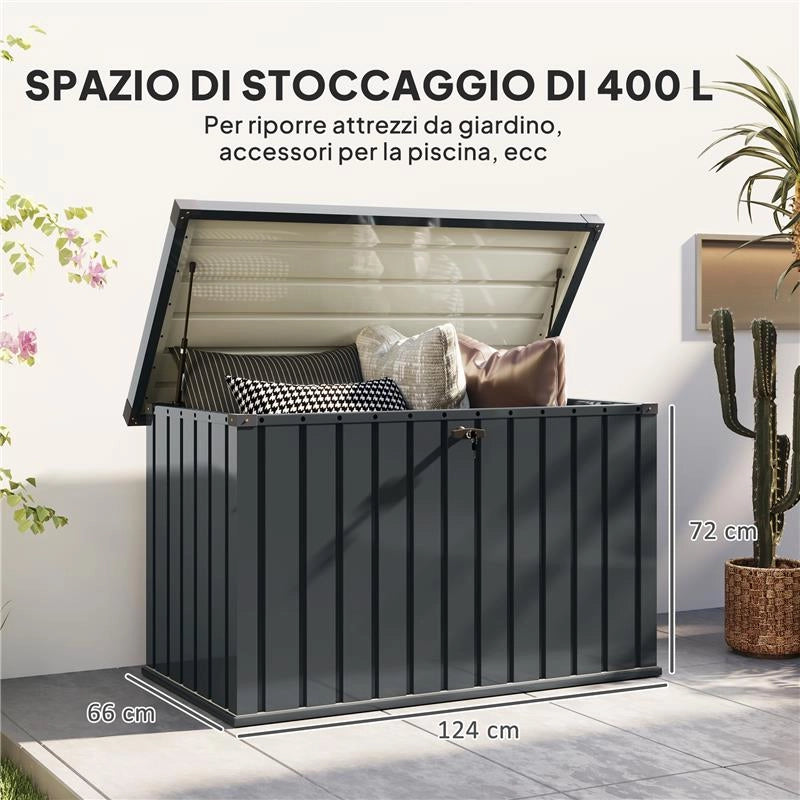 BAULE DA ESTERNO DA 400L IN ACCIAIO ZINCATO CON SERRATURA E 2 CHIAVI 124X66X72 CM GRIGIO SCURO