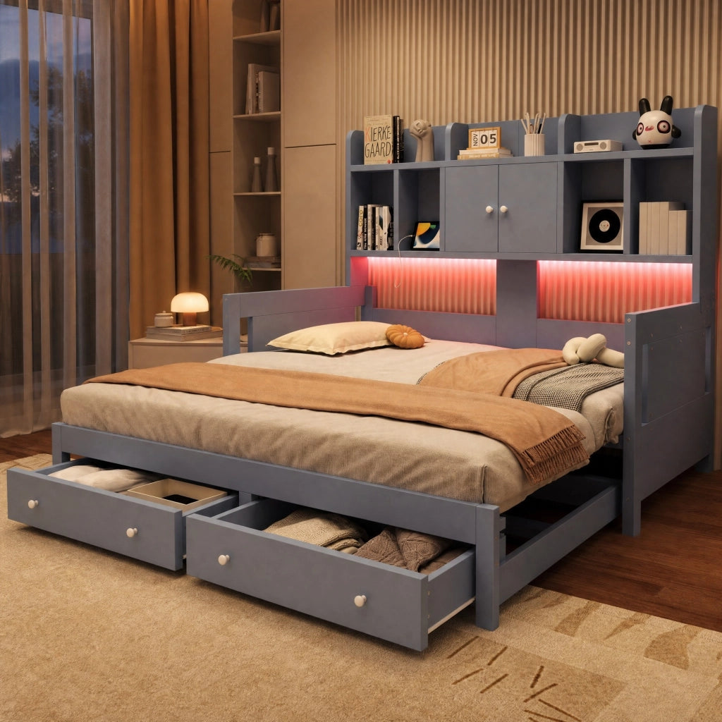 Divano letto estraibile 90x190/180x190 cm con cassetti; LED e prese; grigio