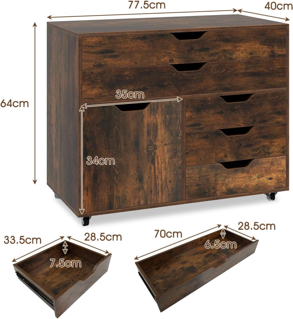 Armadietto portaoggetti, 5 cassetti in 2 dimensioni, scatola portaoggetti mobile con armadio ad ante, mobile da ufficio, 5 ruote universali, 77,5 x 40 x 64 cm (industriale)