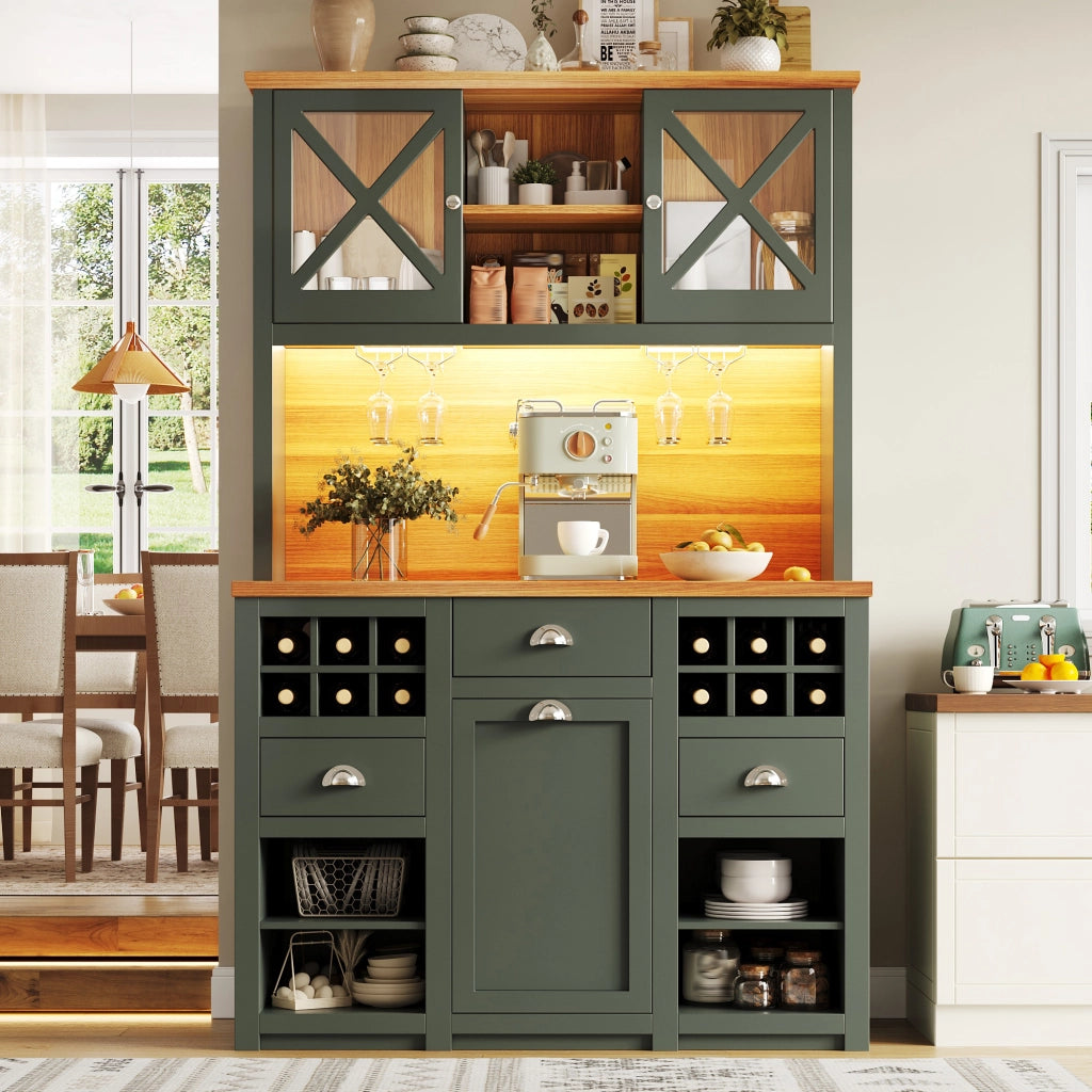 Mobile Cucina Alto con Ante in Vetro e LED, Portabottiglie ¨C MINIMAL ¨C Verde 120x45x188 cm