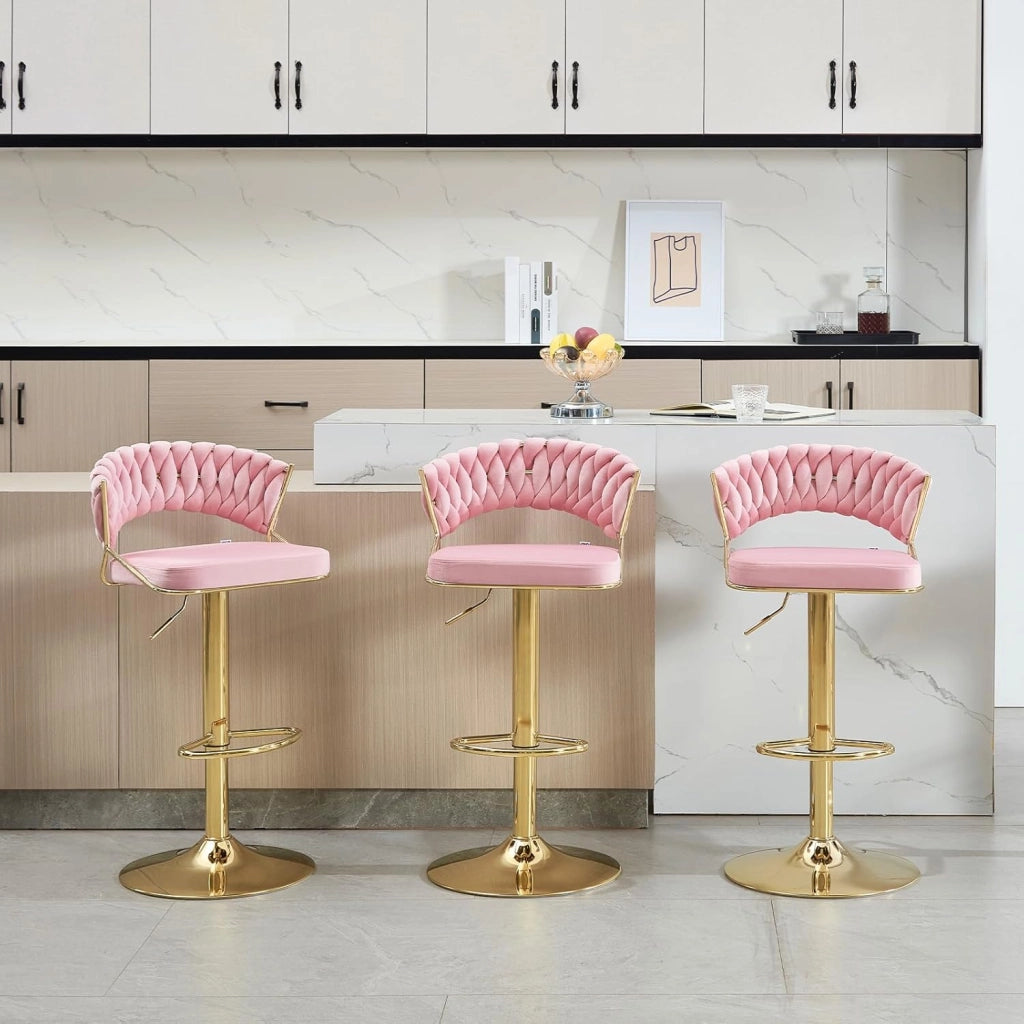Sgabelli da Cucina Set di 2, Sgabelli da Bar Girevoli Altezza Regolabile con Schienale e Poggiapiedi, Velluto, Rosa