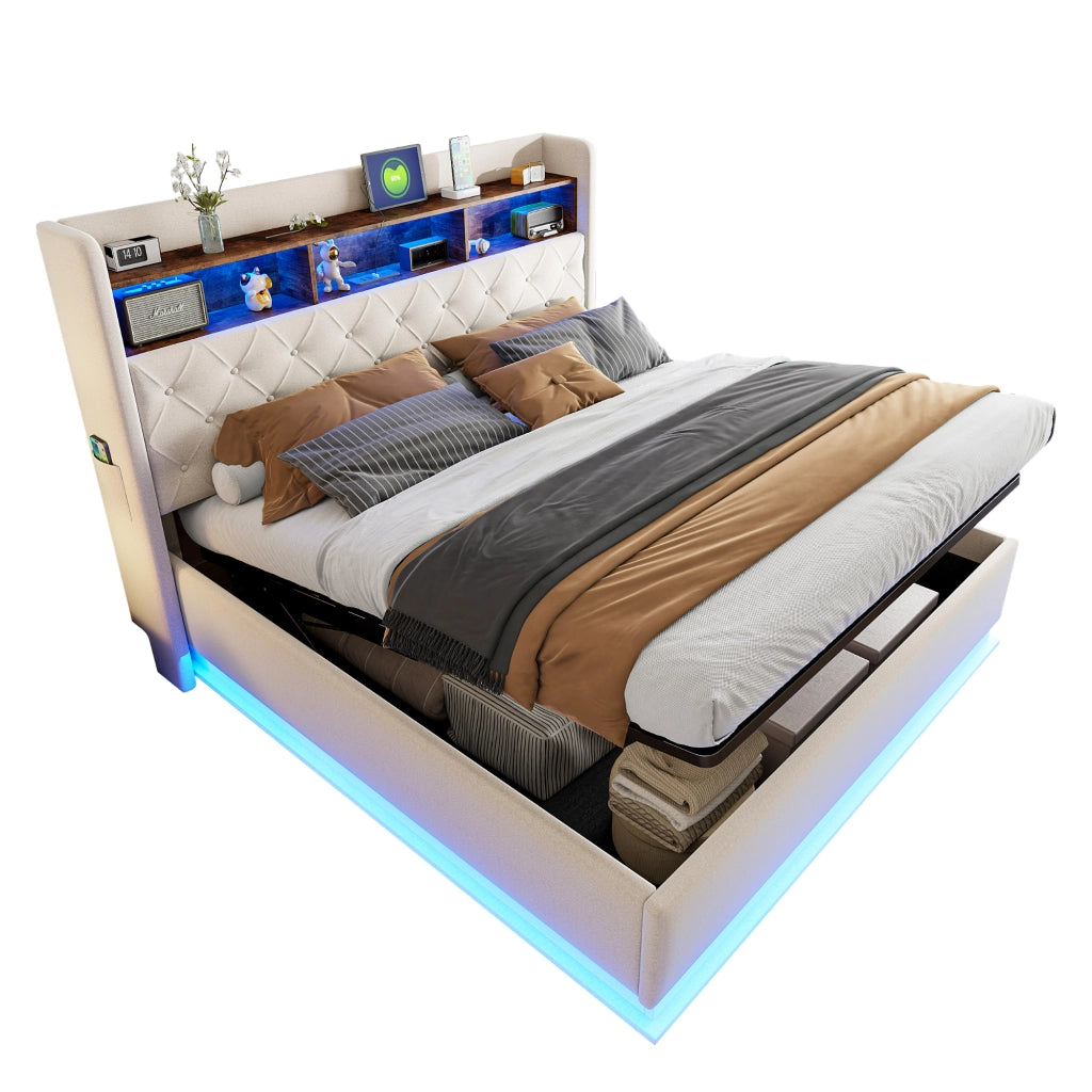 DESMIU Letto Contenitore 180 × 200 cm 2 posti con USB, LED regolabile e vano idraulico, senza materasso, beige