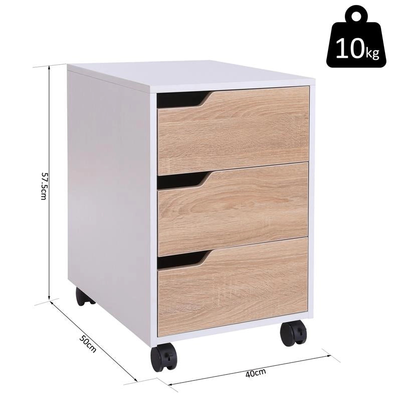 CASSETTIERA IN MDF CON 3 CASSETTI E RUOTE PER UFFICIO O STUDIO BIANCA E LEGNO 31X37X7.2CM